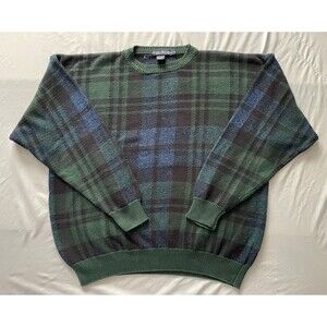 Vintage 90s Nautica Knit Sweater Mens XL Blue Green Black Checkered Pullover